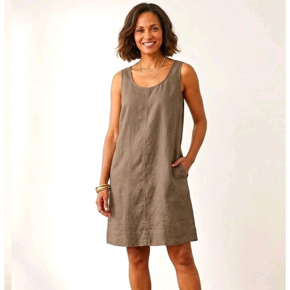 J. JILL Love Linen Shift Dress Petite L PL Brown Sleeveless Tank Casual Resort